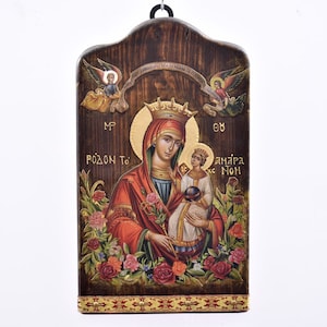 Our Lady Rose Byzantine Icon: Handmade Greek Orthodox Religious Gift