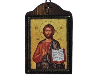 Jesus Christus Pantokrator Segen Handgemachte Hölzerne geschnitzte byzantinische Ikone, griechisch-Orthodoxe Ikonen, geschnitzte hölzerne byzantinische Kunst