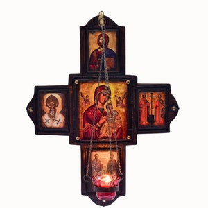 Wooden handmade cross iconostasis, Byzantine icons, Religious gift, Christian art, Greek Orthodox icons
