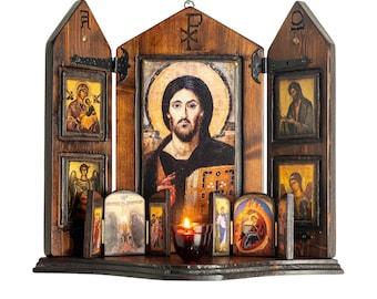 Jesucristo del Sinaí con la Virgen María, San Juan y los Arcángeles, iconostasio de madera tallada a mano, icono bizantino, regalos cristianos