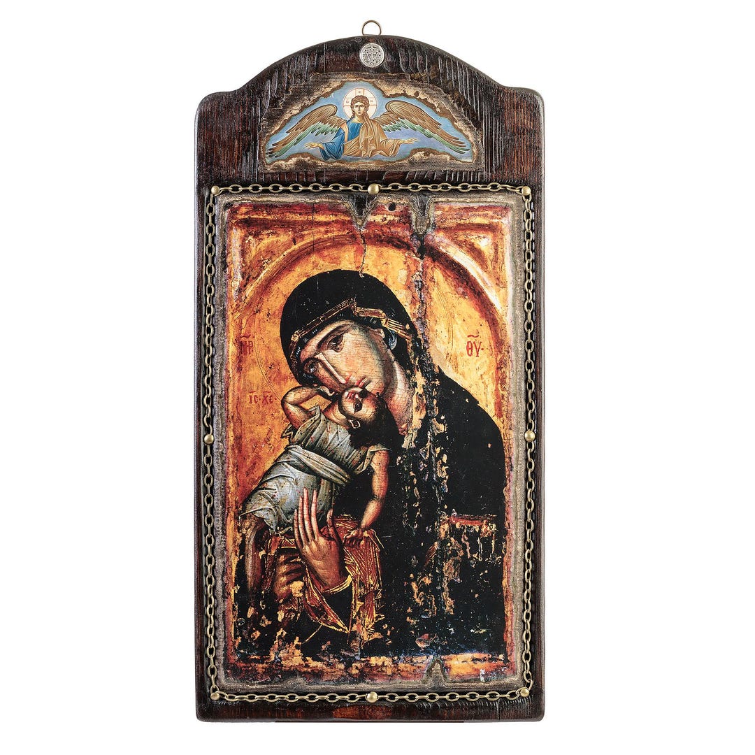 Virgin Mary, Handmade Wooden Carved Byzantine Icon : Greek Orthodox ...