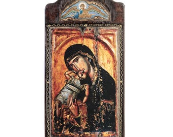 Jungfrau Maria, handgefertigte hölzerne geschnitzte byzantinische Ikone: Griechisch-Orthodoxe religiöse Kunst