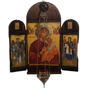 Virgin Mary Immaculate with Jesus  and Archangels handmade wooden Iconostasis, Orthodox icons