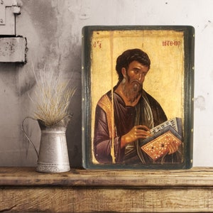 Handmade Saint Matthew Icon: Greek Orthodox Religious Art on Fir Wood