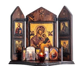 Jungfrau Maria, Jesus Christus und die Erzengel Michael und Gabriel, handgefertigte, geschnitzte Ikonostase aus Holz, byzantinische Ikone, religiöse Ikonen