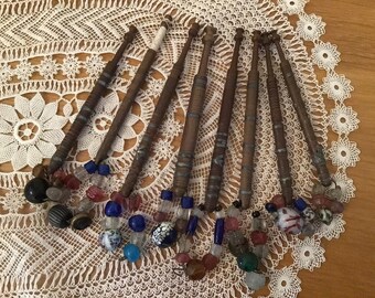 Antique lace bobbins. Set of 8 wood lace making bobbins with pewter decoration. Hand turned Midlands lace bobbins, lot of 8. Perfect antique
