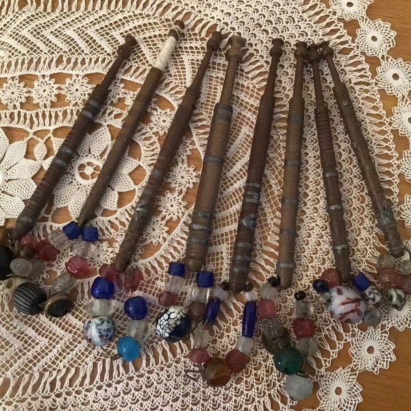 Antique lace bobbins. Set of 8 wood lace making bobbins with pewter decoration. Hand turned Midlands lace bobbins, lot of 8. Perfect antique