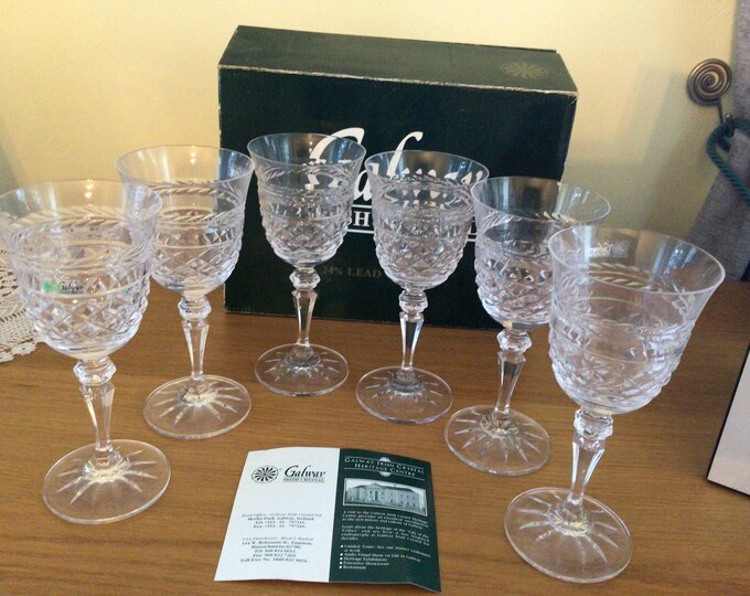 Galway Crystal White Wine Glasses Leah Pattern. Boxed Set of Six