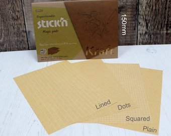 Bloc-notes Stick'n Kraft marron rustique avec notes adhésives, quadrillage et points magiques, 150 mm x 215 mm, 5 blocs en 1 - Lot de 4