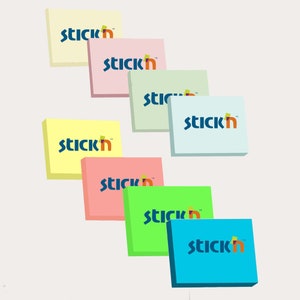 Puede incluir: Una pila de notas adhesivas de colores con la palabra "stick'n" impresa en cada una. Las notas están dispuestas en cascada, con la nota superior de color amarillo, seguida de rosa, verde, azul claro, rosa, verde y azul.