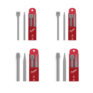 May include: Set of four pairs of grey knitting needles in sizes 9 mm, 10 mm, 12 mm, and 15 mm. Each pair is packaged in a red and white cardboard sleeve with the size and brand name "Essentials" printed on it.