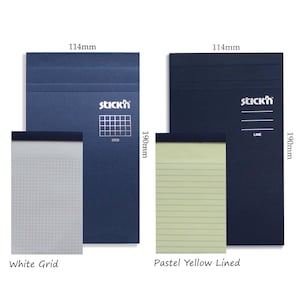 May include: Two navy blue notepads, each 11.4cm wide and 19cm tall, with the brand name "stick'n". One notepad has a white grid, the other has pastel yellow lined paper. The text "White Grid" and "Pastel Yellow Lined" are below the notepads.