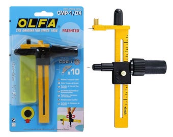 May include: A yellow and black Olfa CMP-1/DX compass cutter, with a black adjustment knob and a blade. The packaging is blue and white, with the text "OLFA THE ORIGINATOR SINCE 1956 PATENTED". The compass cutter can cut circles from 5/8" to 8 5/8".