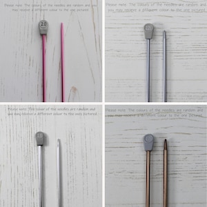 May include: Four pairs of knitting needles in different sizes and colors. The needles are 2.0 mm, 2.25 mm, 2.5 mm, and 2.75 mm. The needles are silver, pink, and copper.