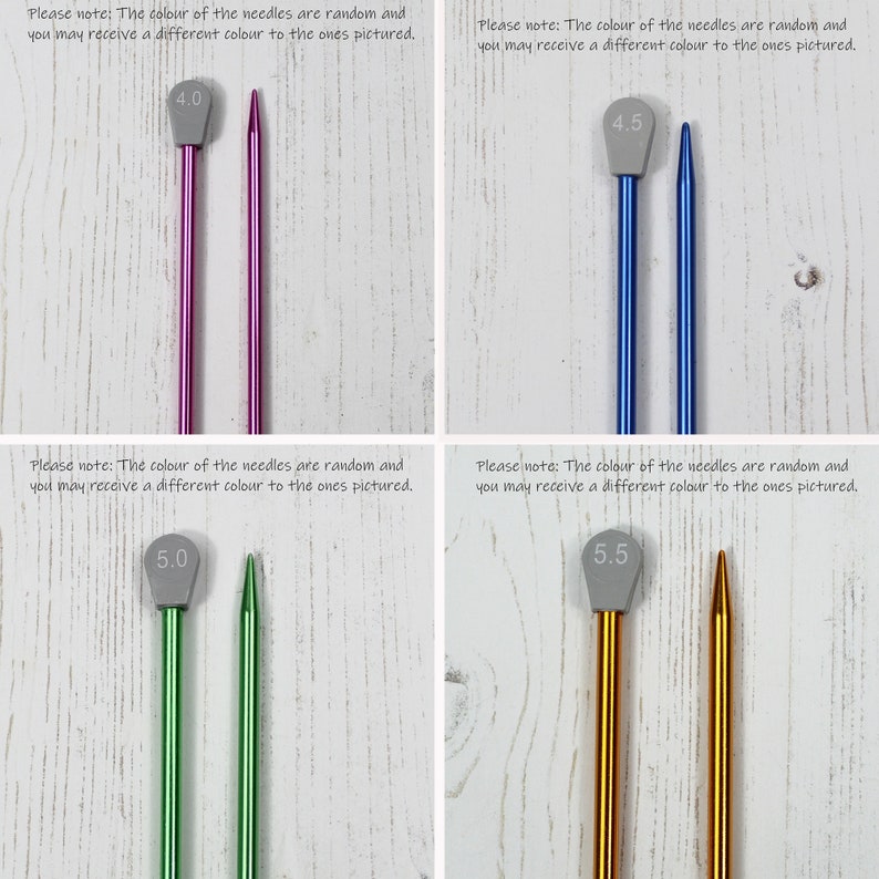 May include: Four knitting needles with gray tips and different colored shafts. The needles are 4.0 mm, 4.5 mm, 5.0 mm, and 5.5 mm. The needles are on a white wooden surface.