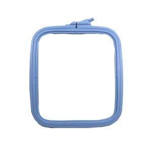 May include: A light blue, square embroidery hoop. The hoop has a locking mechanism at the top and is made of a smooth, durable material. The frame is approximately 17.5 cm by 17.5 cm.