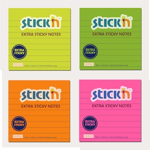 May include: Four square sticky note pads in green, orange, pink, and lime green. Each pad has the words "Stick'n EXTRA STICKY NOTES" in white and orange. Each pad is 101mm x 101mm with 90 sheets.