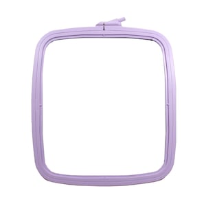 May include: A light purple embroidery hoop with a square opening. The hoop has a plastic latch on the top.