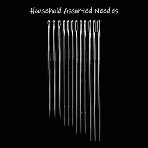May include: A set of 12 assorted needles for household use. The needles are silver in color and are arranged in a row from shortest to longest.