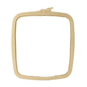 May include: A beige plastic embroidery hoop with a square shape and a 4x4 inch size. The hoop has a screw-on closure.