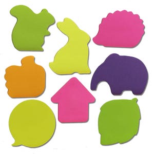 May include: A selection of brightly coloured sticky notes in diverse shapes: a squirrel, rabbit, hedgehog, apple, elephant, house, speech bubble, and leaf. The notes are in green, yellow, orange, pink, and purple.