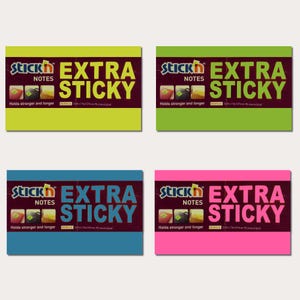 May include: Four colorful sticky note pads. Each pad has the words "Stick'n Notes EXTRA STICKY" in white and yellow. The pads are in green, blue, pink, and yellow. The pads are 76mm x 127mm and hold 90 sheets per pad.