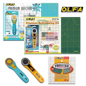 May include: A selection of OLFA quilting tools, including rotary cutters and cutting mats. The image displays various kits with the "OLFA" logo, highlighting the brand's quilting supplies. The cutters are in blue and yellow, and the mats have grid patterns.