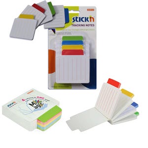 May include: A pack of Stick'n Tracking Notes in four colours: red, yellow, blue, and green. The notes are 70mm x 70mm and have lined paper. The pack says "Categorize your data clearly. Repositionable self-adhesion."