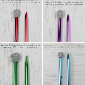 May include: Four pairs of knitting needles in different sizes and colors. The needles are 6.0, 6.5, 7.0, and 7.5 inches long. The needles are red, purple, green, and blue.