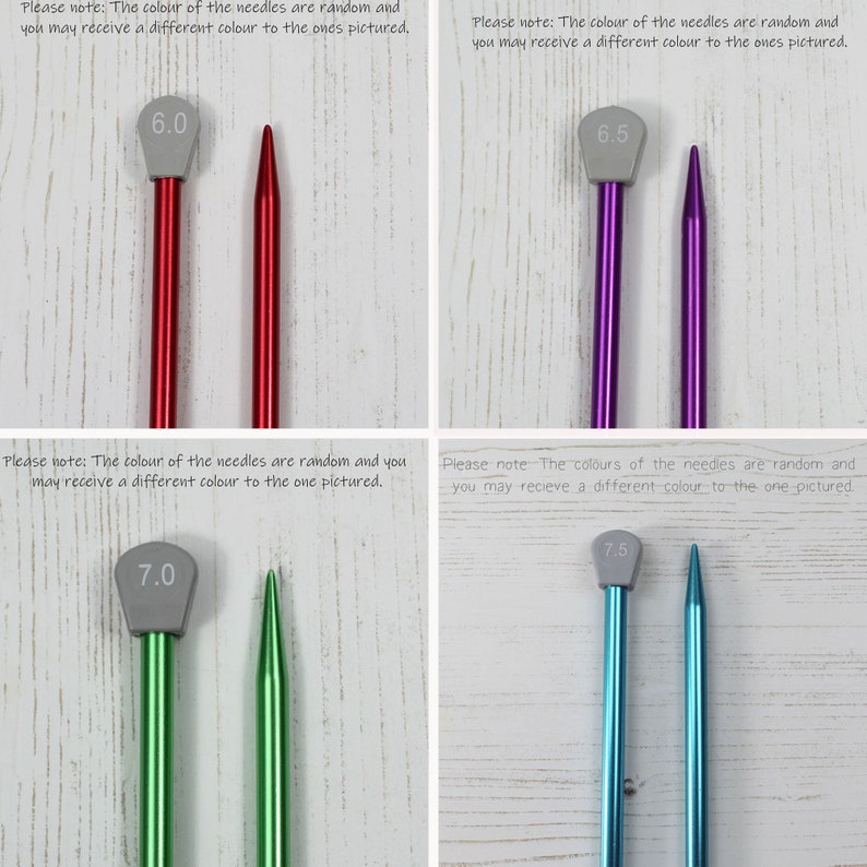 May include: Four pairs of knitting needles in different sizes and colors. The needles are 6.0, 6.5, 7.0, and 7.5 inches long. The needles are red, purple, green, and blue.