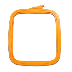 May include: Orange plastic embroidery hoop with a locking mechanism. The hoop is 4x4 inches.