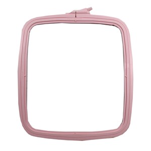May include: A pink plastic embroidery hoop with a locking mechanism. The hoop is square shaped and measures 10x10 cm.