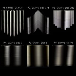 May include: A set of 6 packs of sewing needles, each pack labeled with a number and size. The needles are arranged in a fan shape, with the points facing outward. The needles are silver in color and have a sharp point. The needles are arranged in order of size, with the smallest needles on the left and the largest needles on the right.
