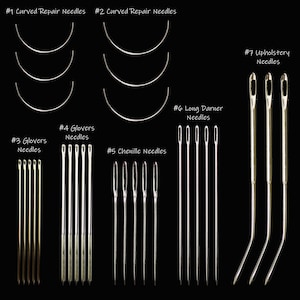 May include: Assortment of 7 different types of needles for sewing and repair.  The needles are arranged in rows and labeled with their type and number.  #1 Curved Repair Needles, #2 Curved Repair Needles, #3 Glovers Needles, #4 Glovers Needles, #5 Chenille Needles, #6 Long Darner Needles, #7 Upholstery Needles.