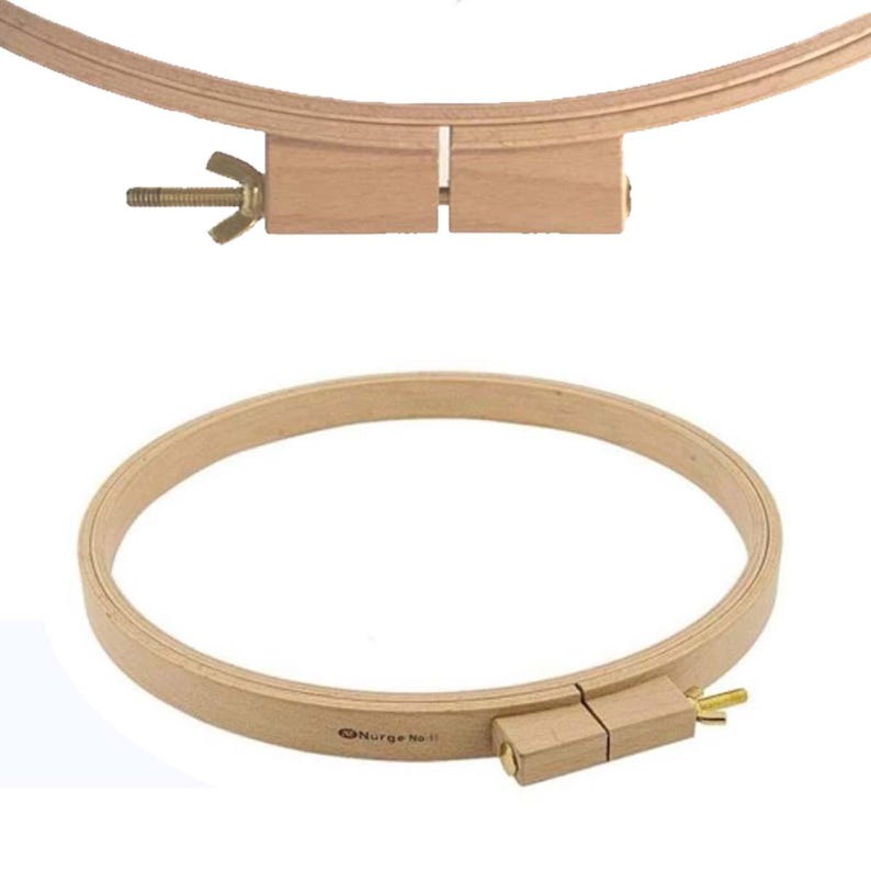 May include: A wooden embroidery hoop with a screw-tightening mechanism. The hoop is made of natural wood and has a diameter of 8 inches. The hoop is used for embroidery and other crafts.