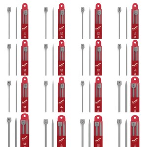 May include: A set of 10 pairs of grey knitting needles in various sizes, ranging from 2 mm to 8 mm. The needles are packaged in red and white boxes with the size and length printed on them.
