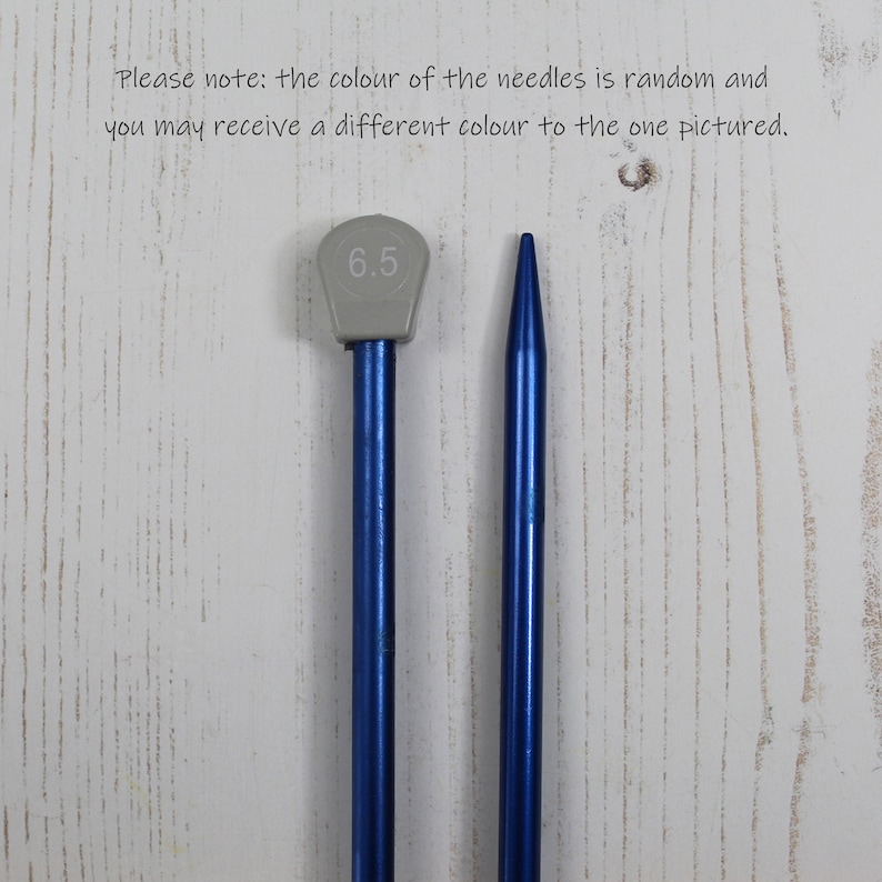 May include: A pair of blue knitting needles with a gray plastic tip. The tip of one needle is labeled "6.5".