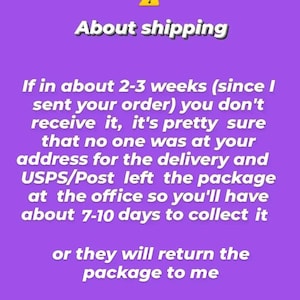 May include: Purple background with a yellow exclamation point and white text that reads "About shipping". The text explains that if you don't receive your order within 2-3 weeks, the package was likely left at the post office and you have 7-10 days to collect it.