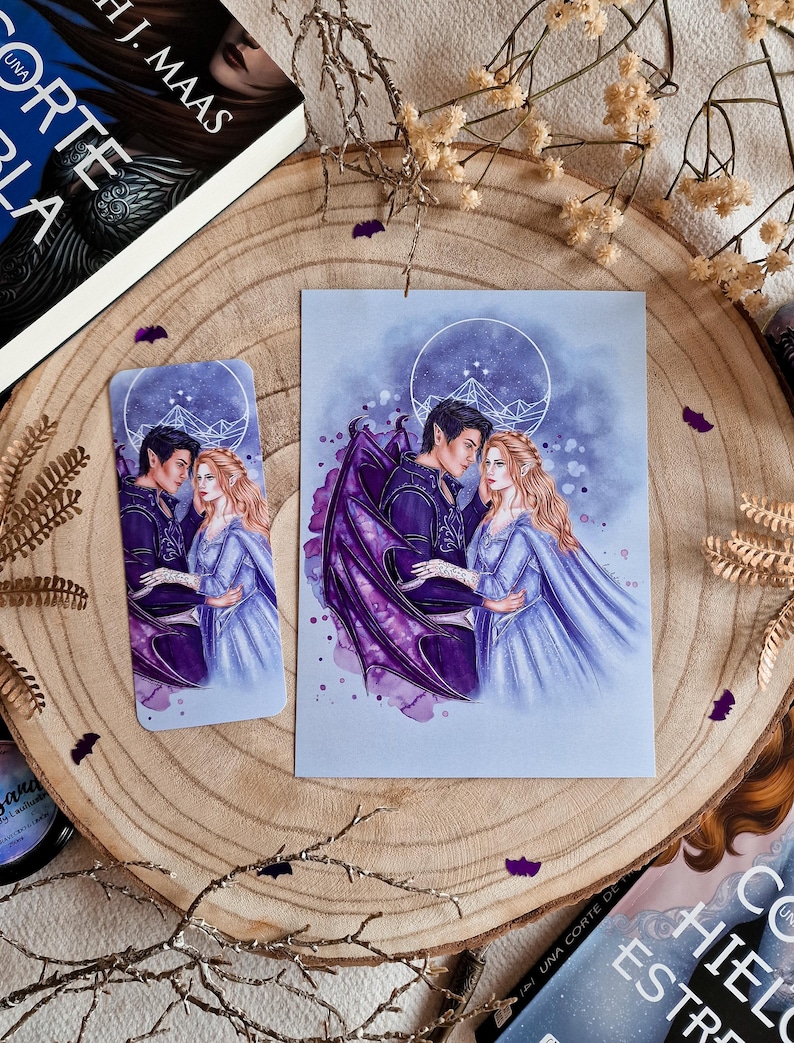 May include: A purple and blue watercolor print of a couple with a purple dragon wing. The couple is standing in front of a white geometric moon with a mountain range inside. The print is on a white background.