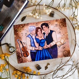 May include: A print featuring a romantic illustration of three people in a vintage setting. The woman is wearing a blue dress and the two men are wearing suits. The background is a vintage-inspired design with musical notes and gears.