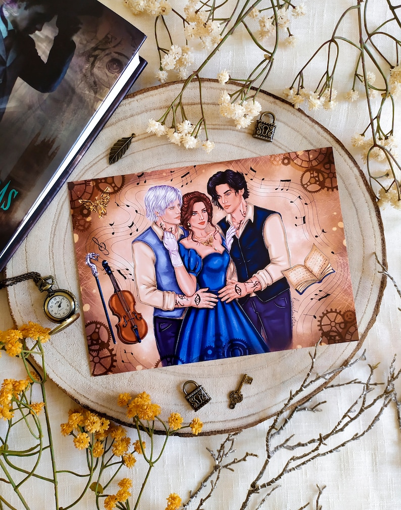May include: A print featuring a romantic illustration of three people in a vintage setting. The woman is wearing a blue dress and the two men are wearing suits. The background is a vintage-inspired design with musical notes and gears.