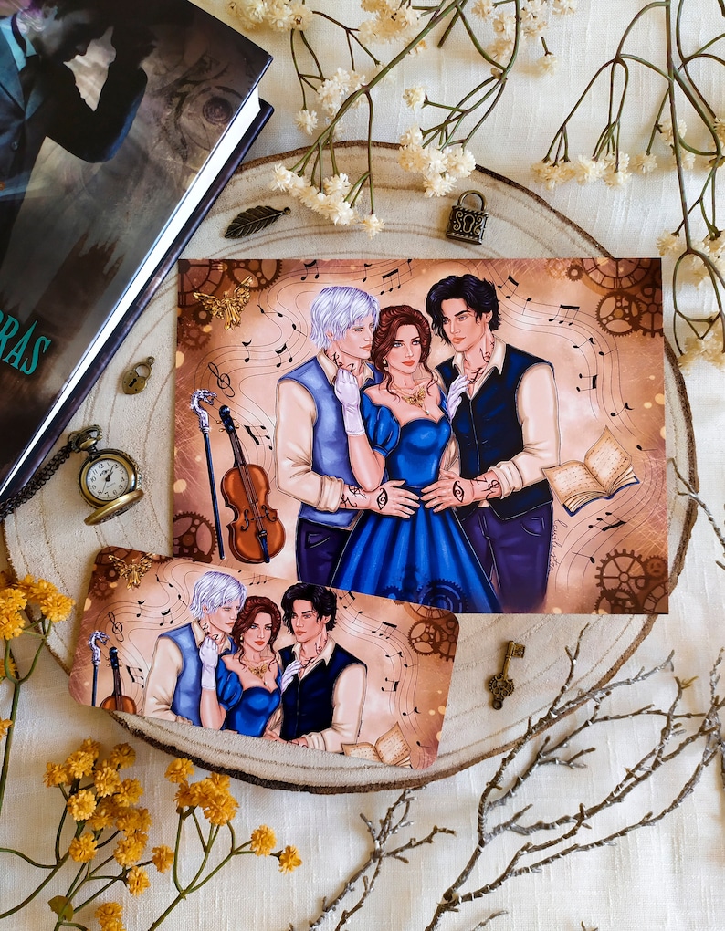 May include: A digital illustration of a romantic scene with three people. A woman in a blue dress stands between two men, one with white hair and the other with dark hair. The background features musical notes and gears.