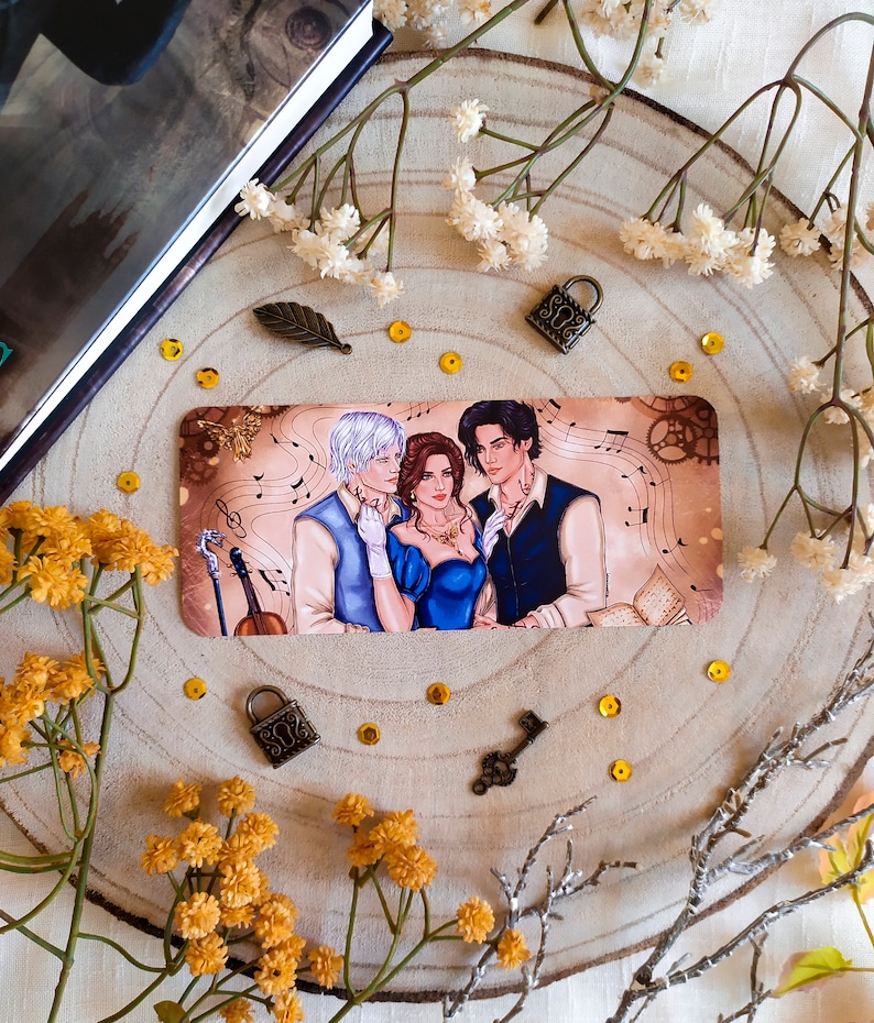 May include: A vintage-style illustration of three people, two men and one woman, standing together. The woman is wearing a blue dress and a necklace. The men are wearing suits. The background is a brown and gold color with musical notes and a violin.
