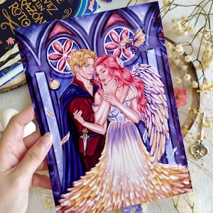 May include: A digital illustration of a couple in a gothic setting. The woman is wearing a white dress with a feathered train and angel wings. The man is wearing a dark blue and red outfit with a sword. A small dragon is flying in the background.