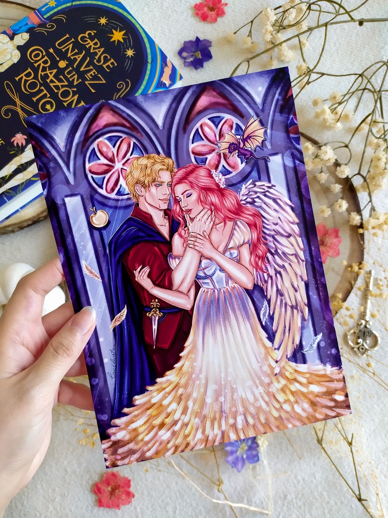 May include: A digital illustration of a couple in a gothic setting. The woman is wearing a white dress with a feathered train and angel wings. The man is wearing a dark blue and red outfit with a sword. A small dragon is flying in the background.