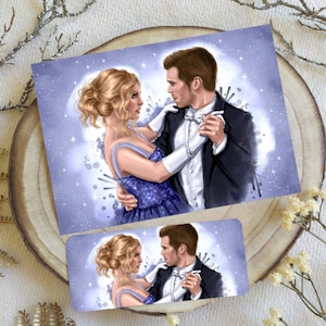 Puede incluir: Una ilustración digital de una pareja bailando en un salón de baile. La mujer lleva un vestido azul con lentejuelas y el hombre lleva un esmoquin negro. El fondo es de un suave color morado con estrellas blancas.