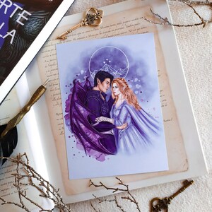 May include: A watercolor illustration of a couple, a man with dark hair and a woman with long blonde hair, standing together. The man has wings and is wearing a purple outfit. The woman is wearing a light blue dress. The background is a watercolor wash of purple and blue.