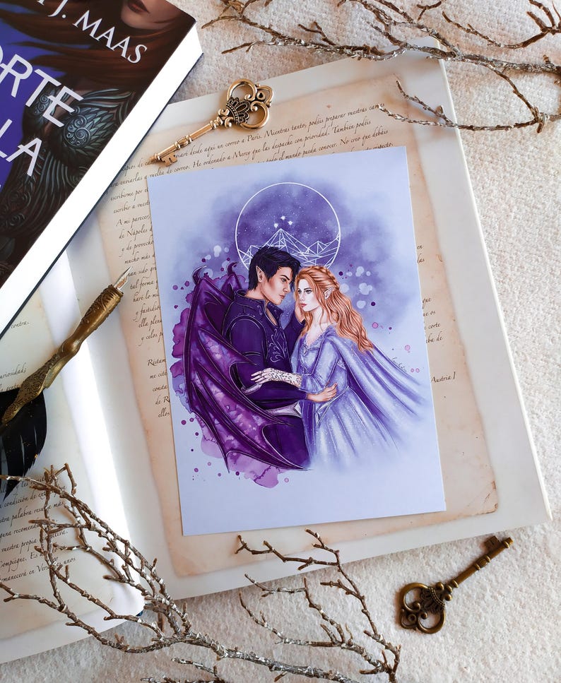 May include: A watercolor illustration of a couple, a man with dark hair and a woman with long blonde hair, standing together. The man has wings and is wearing a purple outfit. The woman is wearing a light blue dress. The background is a watercolor wash of purple and blue.