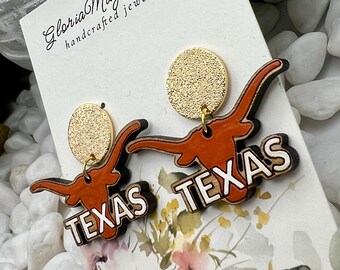 Longhorn Texas Earrings: Laser Cut Wood, Hand-Painted