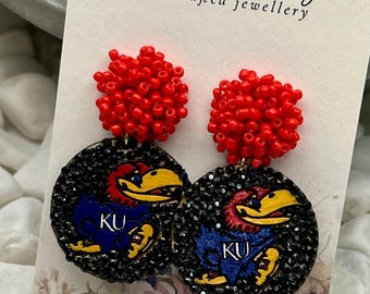 Laser Cut Wood Earrings: Hand-Painted Rhinestone KU Jayhawks